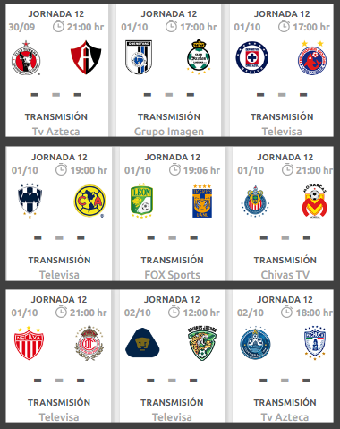 Fechas y horarios de partidos de la jornada 12 del futbol mexicano